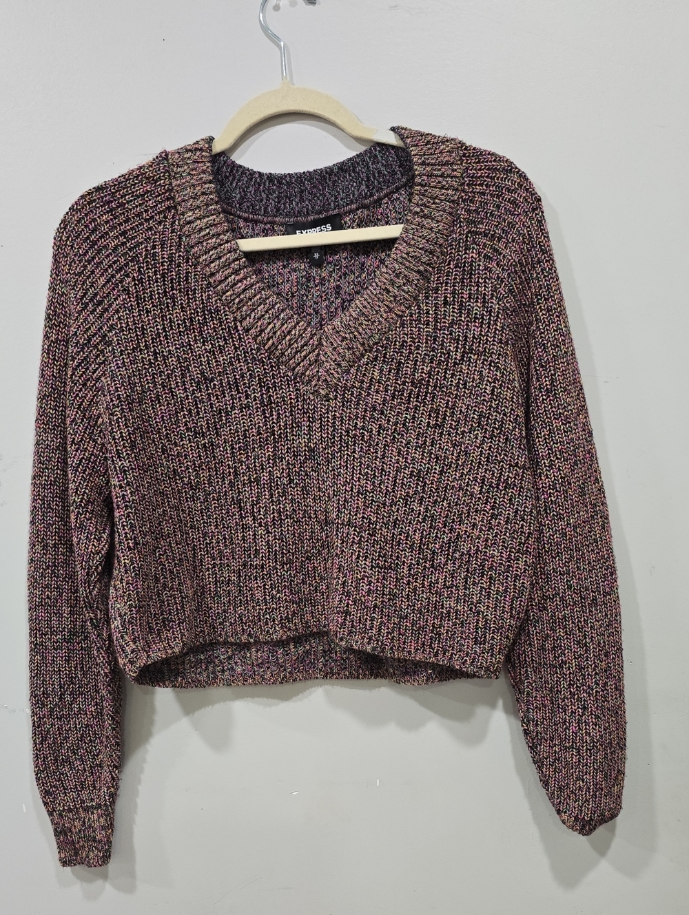 Express Cropped Marled V-Neck Sweater - Pink & Black Size  Xs